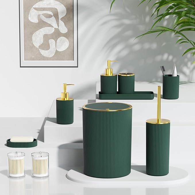 Dark Green Bathroom Accessories Set, 10PC Bathroom Set, Bath Accessory with Pop Up Trash Can, Soap Dispenser, Toilet Brush, Toothbrush Set Qtip Holders & Tray