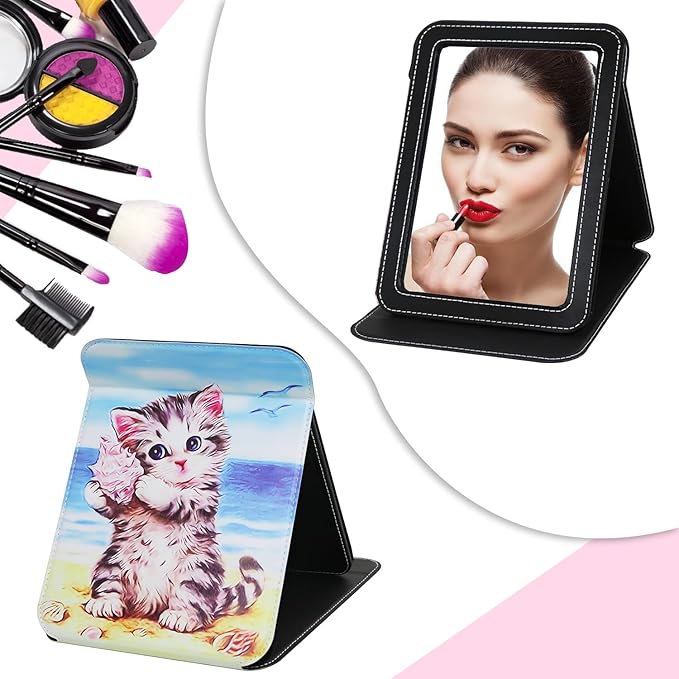 Foldable Travel Makeup Mirror PU Leather with Adjustable Stand, Desktop Portable Folding Rectangular Vanity Mirror for Travel, Camping, Office, 7x9 Inches