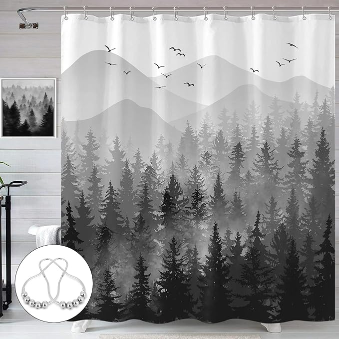 Accnicc Black Misty Forest Shower Curtain Ombre Gray Grey White Waterproof Fabric Shower Curtains for Bathroom Nature Pine Tree Mountain Woodland Decorative Bath Curtain Decor (72'' × 72'')