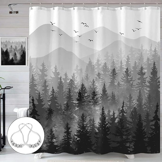 Accnicc Black Misty Forest Shower Curtain Ombre Gray Grey White Waterproof Fabric Shower Curtains for Bathroom Nature Pine Tree Mountain Woodland Decorative Bath Curtain Decor (72'' × 72'')