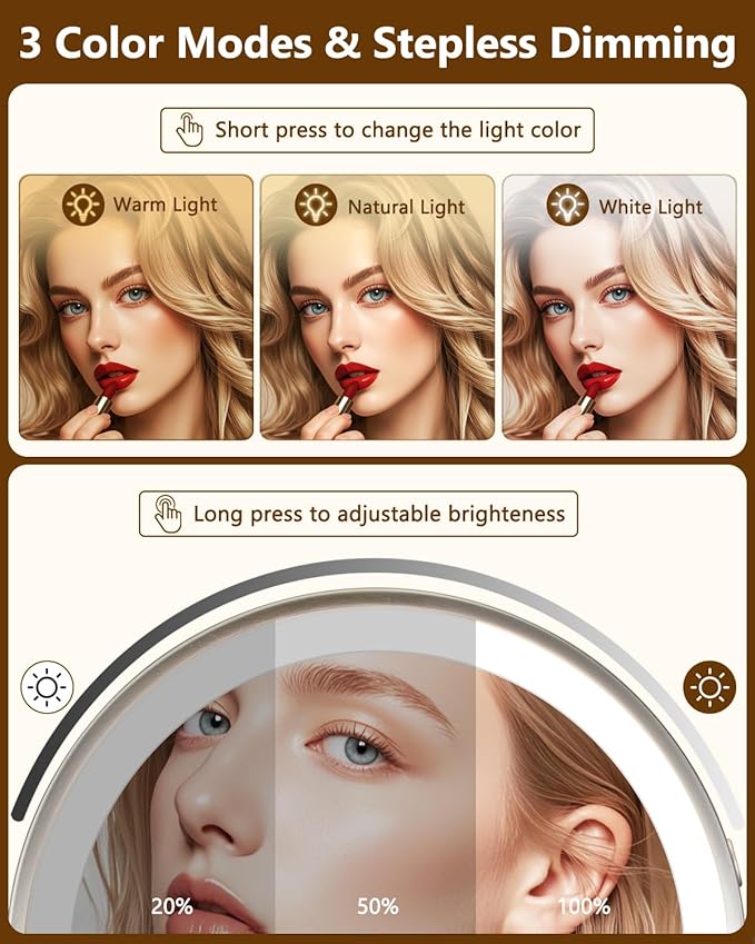 DECLUTTR 9" Wall Mounted Lighted Makeup Mirror, Rechargeable 1X/20X Magnifying Mirror with Light Double Sided, Touch Dimmable 3 Color Light, 360 Rotation Vanity Mirror