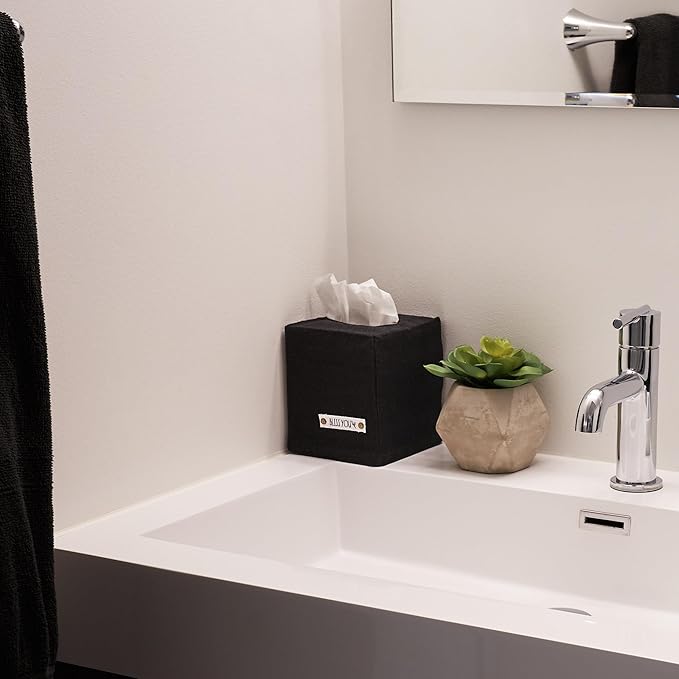 Stylish Tissue Box Cover - This Black Linen Holder Instantly Covers Your Square Tissue Boxes - The Perfect Cube Cover for Your Bathroom and Home