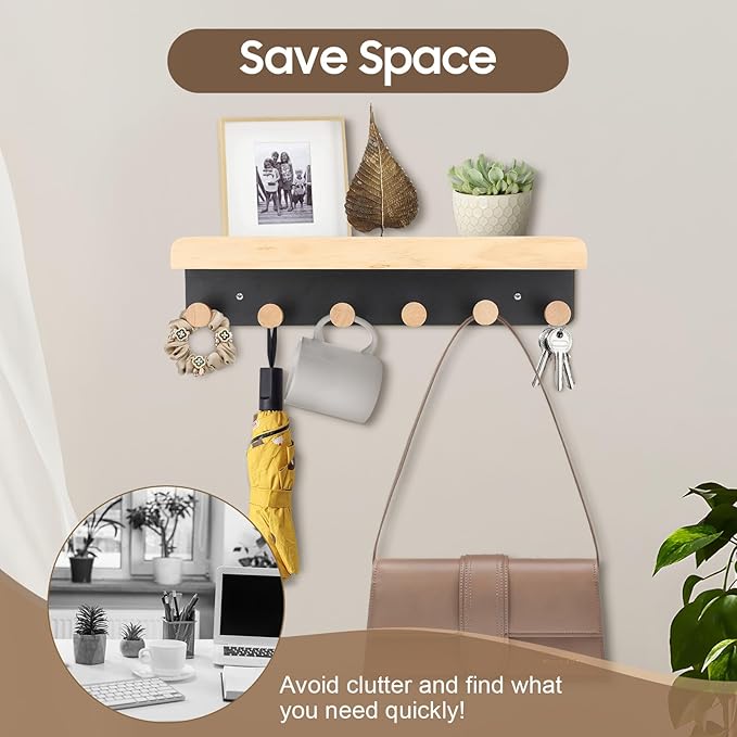 Gugxiom Wood & Metal Wall Mounted Coat Rack Shelf with Hooks, Pine Wood & Metal, Bathroom, Kitchen, Living Room, Entryways