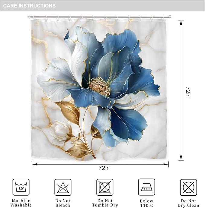 Riyidecor Blue Gold Floral 4Pcs Bathroom Shower Curtain Sets Abstract Minimalist Aesthetic Bathroom Decor Set with Rugs and Accessories Modern Toilet Lid Rug, Contour and Bath Mat with 12 Hooks