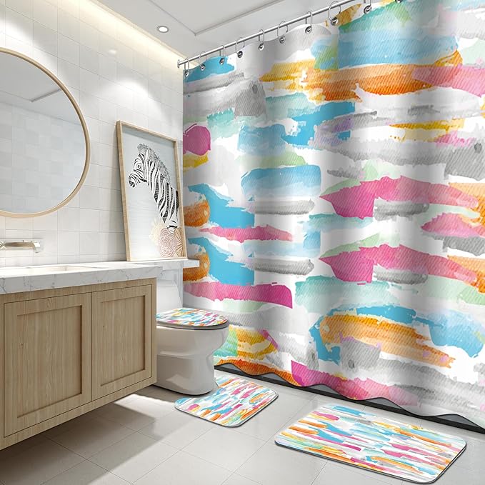 Lnond 4Pcs Abstract Shower Curtain Sets with Rugs, Watercolor Geometric Paint Bathroom Sets with Shower Curtain and Rugs and Accessories