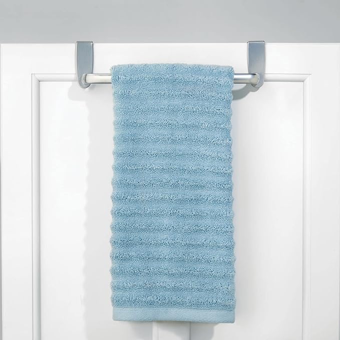 mDesign Steel Metal Wire Over Cabinet Towel Rack Storage Organizer - Hang on Cabinet or Door - Towel Bar Holder for Kitchen - Holds Hand Towels, Washcloths - Spira Collection, 2 Pack, Silver