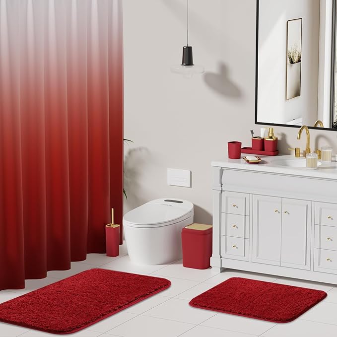 XLHOMO Burgundy Bathroom Accessories Set with Shower Curtain and Rugs, Dark Red Bathroom Accessories with Trash Can,Toothbrush Holder and Cup,Soap Dispenser,Tray,Soap Dish,Toilet Brush,Qtip Holders