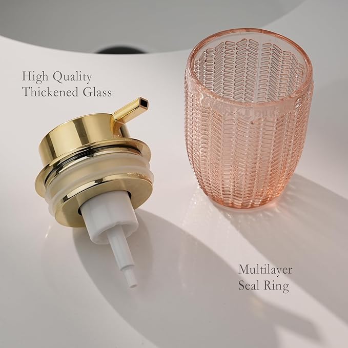 Cicufy Glass Foam Soap or Lotion Dispenser - Refillable Liquid Dispenser with Large Gold Pump - Barrel Pattern in Pink