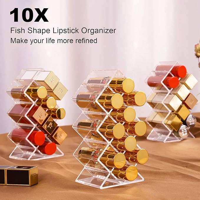 TEORG Fish-Shape Lipstick Organizer Tower - Lip Gloss Storage Holder Stand for 10 Lip Sticks Perfect for Makeup Cosmetic Vanity and Dresser Display, Clear Acrylic (1-pack)