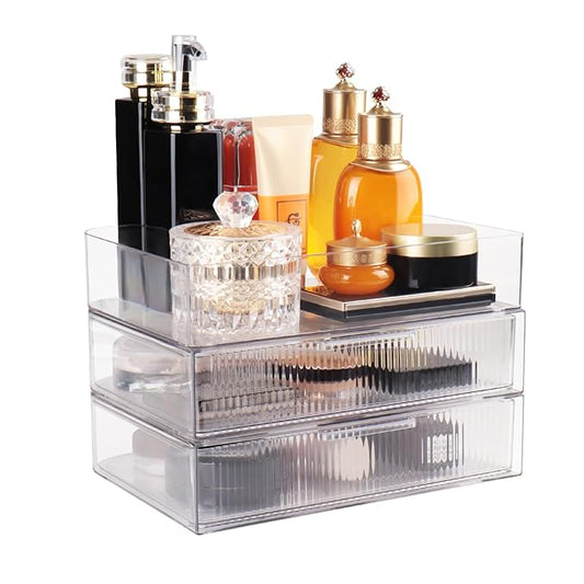 3 Tier Clear Makeup Organizer Countertop with Drawers, Stackable Cosmetics Organizer and Storage for Bathroom Vanity (Stripe Small)