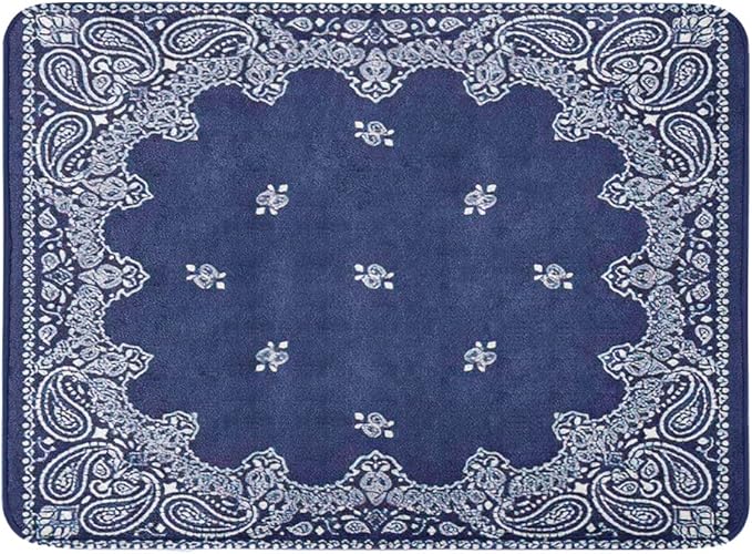 4 Piece Western Shower Curtain Waterproof White and Blue Geometric Line White Neck Scarf Kerchief Bathroom Sets with Non-Slip Rugs, Toilet Lid Cover and Bath Mat with Standard Size