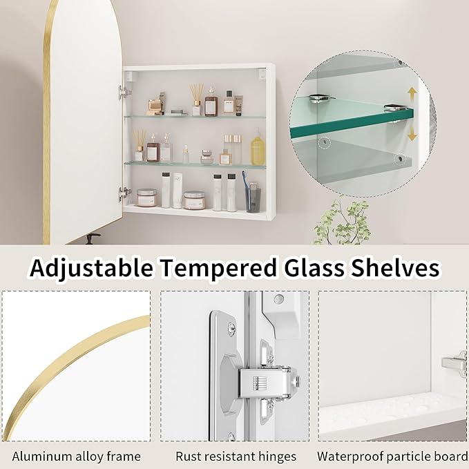 Arched Gold Medicine Cabinet with Mirror, 20x32 Inch Surface Mount Bathroom Storage Cabinet, Wall Mounted Mirror Cabinet with Adjustable Glass Shelf, Left or Right Door Opening, Brushed Gold Finish