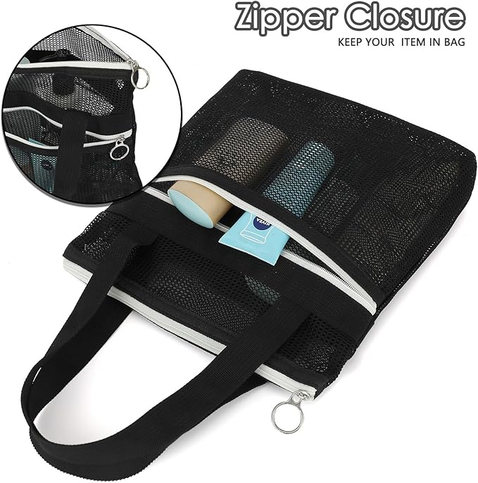 GYEUKHAM Mesh Shower Caddy Portable Shower Bag for Travel, Gym, Camping – Quick-Dry Hanging Toiletry Organizer with Zipper Pockets for Bathroom Essentials,Black