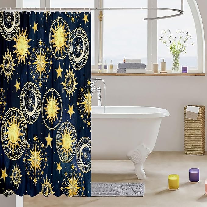 Feelyou Boho Moon and Sun Shower Curtain Bohemian Galaxy Constellation Fabric Shower Curtains for Bathroom Kids Exotic Stars Blue Golden Bath Curtain Decorative Bathroom Accessories 72 X 84 Inches