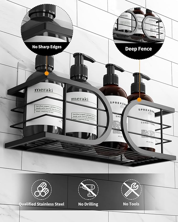 Shower Caddy No Drill Adhesive Wall Mounted SUS304 Stainless Steel Durable Large Capacity Shower Rack Organizer Quick Dry Rustproof Bathroom Storage Shelves - 2 Pack (Black)