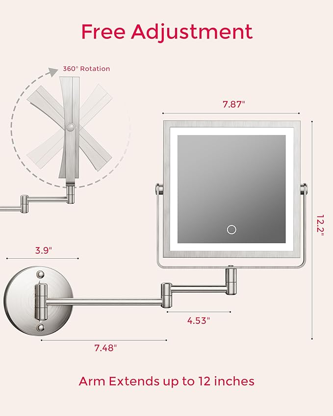 Rechargeable Wall Mounted Makeup Mirror with Lights, 4000mAh Double Sided 1X/10X Magnifying Vanity Mirror with 3 Color Lights, Touch Dimmable, 360° Extension Foldable Arm(Brushed Nickel）