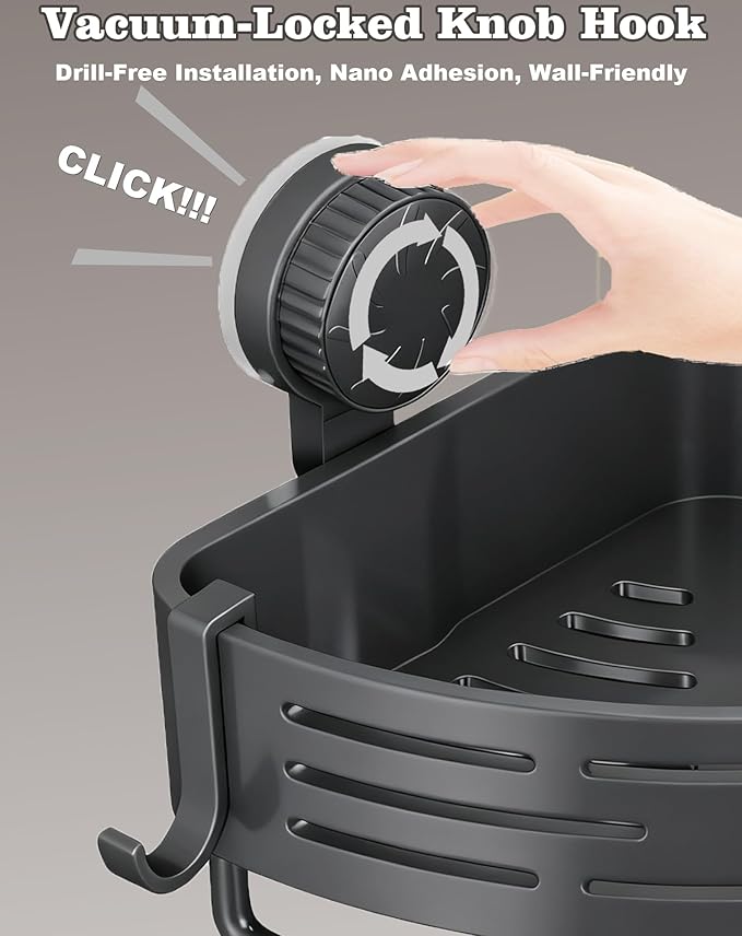 LOOCH 3 Pack Plastic Corner Shower Caddy with Twist-Lock Suction Cups & a Pre-Applied Adhesive Layer, The No-Drill Shower Organizer with Towel Bar & Drain Holes for Bathroom Storage & Decor（Grey）