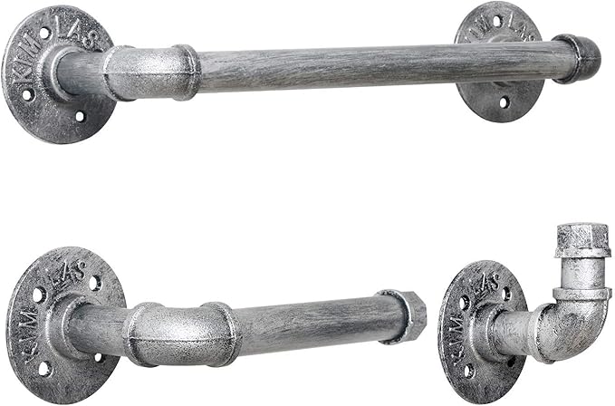 HouseAid 3-Pieces Industrial Pipe Towel Holder Set, Rustic Steel Towel Rack Kit, Farmhouse Vintage Style Towel Bar Accessories for Bathroom, Wall Mounted, Antique Silver