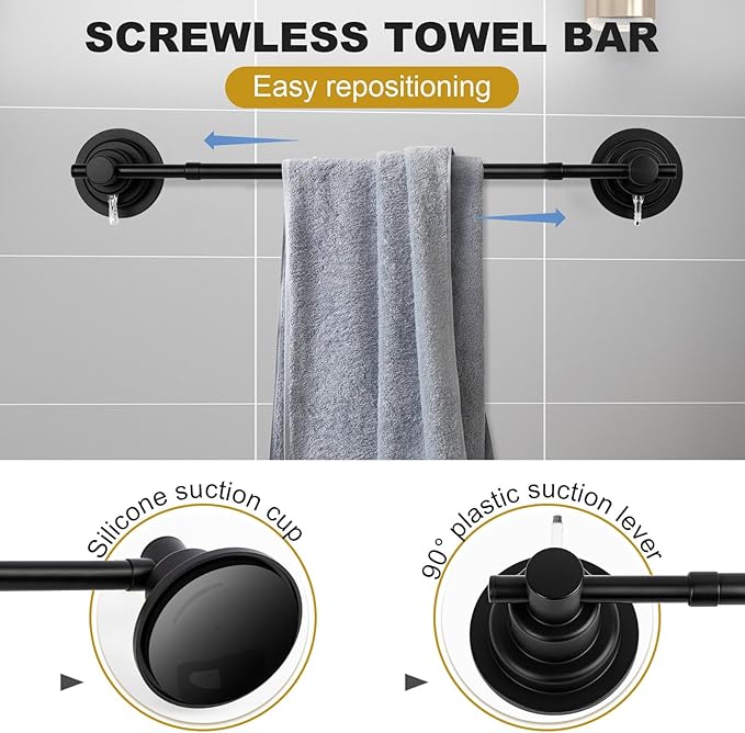 Suction Cup Towel Bar for Shower, 15.75''-25.6'' Adjustable Stainless Steel Towel Holder, Heavy Duty Suction Towel Rack with Powerful Vacuum Adsorption for Bathroom, Kitchen, RV, and Renters (Black)