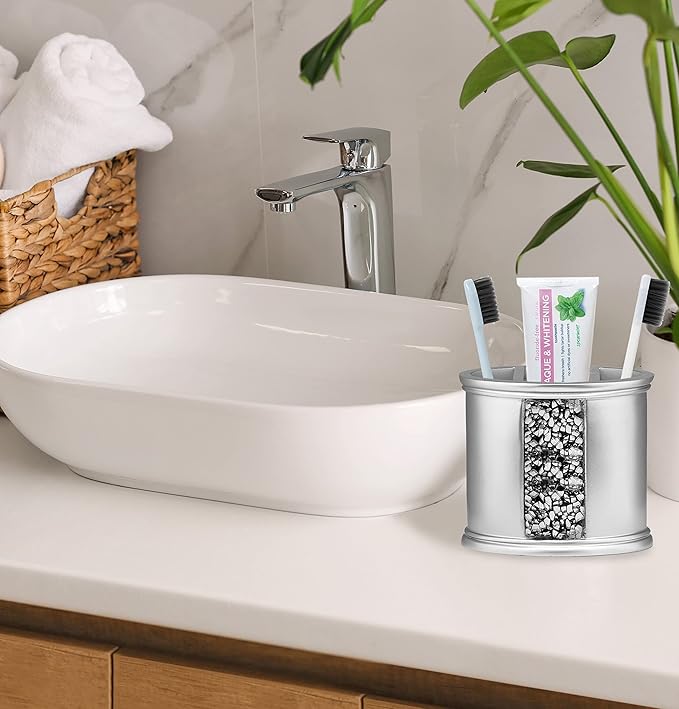 Zahari Home 4pc Sinatra Stylish Bathroom Accessories Set Liquid Soap Dispenser, Tumbler, Tooth Brush Holder and Soap Dish Modern Classic Luxury Decor Bling Mosaic Glass Silver Bathroom Accessories