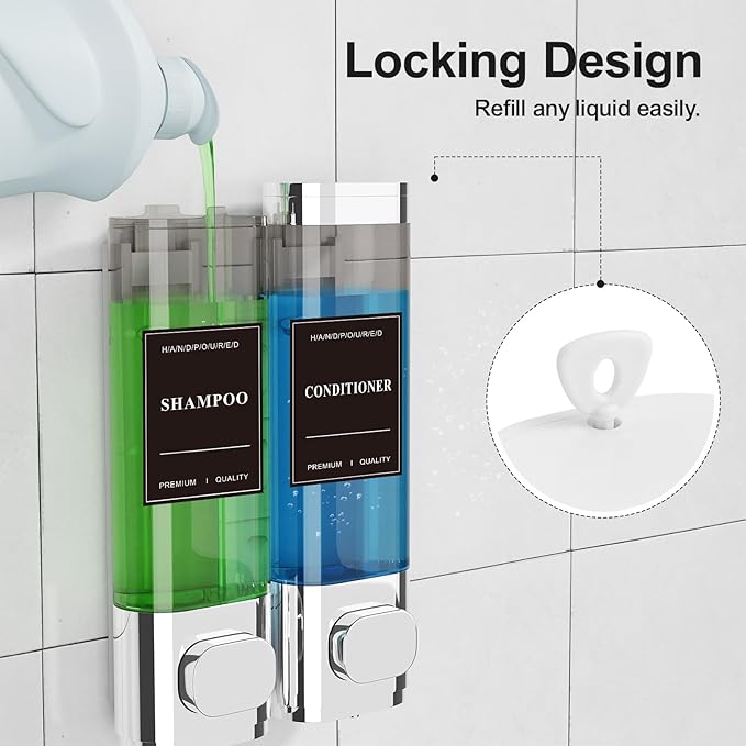 Shampoo and Conditioner Dispenser – Wall-Mounted Shower Soap Dispenser, No-Drill Installation, Lockable, 900 ml Capacity,for Bathroom & Hotel or Airbnb (Electroplated Silver, 2-Pack)