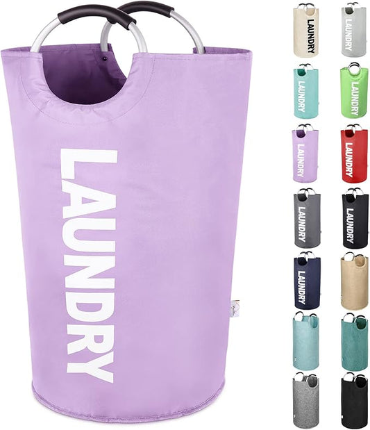 Large Laundry Basket Collapsible，Freestanding Clothes Hamper Bag with Handles – Tall Folding Dirty Laundry Bin，Sturdy Laundry Sorter for College Dorm，Laundry Room – 130L (Purple)