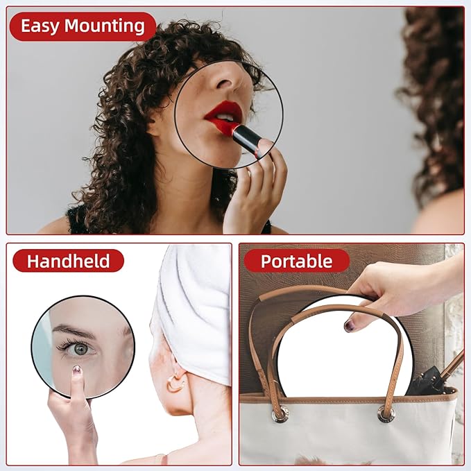 10X Magnifying Mirror with 3 Suction Cups - 6'' Stick on Makeup Mirror with 10X Magnification, Magnified Makeup Mirror Portable Handheld Cosmetic Mirror and Tweezers Set for Travel, Makeup, Bathroom