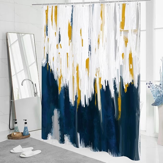 MitoVilla Navy Blue & Gold Shower Curtains for Chic Modern Abstract Bathroom Decor, Dark Blue Fabric Shower Curtain, Brush Strokes Oil Painting Style, 72 x 72