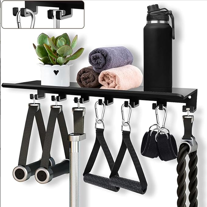 Pssopp Carbon Steel Floating Shelf Organizer, Wall Mounted 7 Hooks Design Equipment Storage Rack for Kitchen Bathroom Bedroom Office