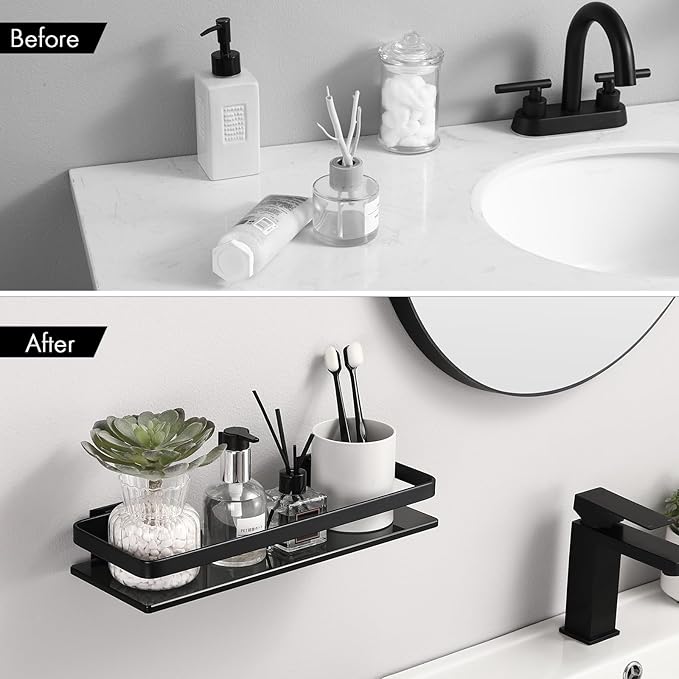 KES Aluminum Glass Bathroom Shelf, Black Extra Thick Tempered Glass Rectangular, 1 Tier Floating Shelf Wall Mounted, BGS4126A-BK