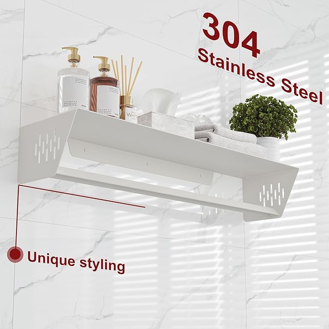 Qeke Bathroom Lavatory Towel Rack, Wall Mount Towel Holder Towel Hanger Shelf with Towel Bar, SUS 304 Stainless Steel Towel Rack for Bathroom and Lavatory, Matte White, 24 Inch