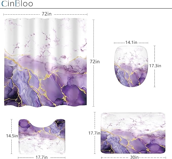 Cinbloo 4Pcs Purple Marble Shower Curtain Set, Abstract Lilac Gold Cracked Lines Modern Minimalist Bathroom Curtain with Rug, Toilet Lid Cover, Bath Mat, Luxury Aesthetic Shower Curtain with 12 Hooks
