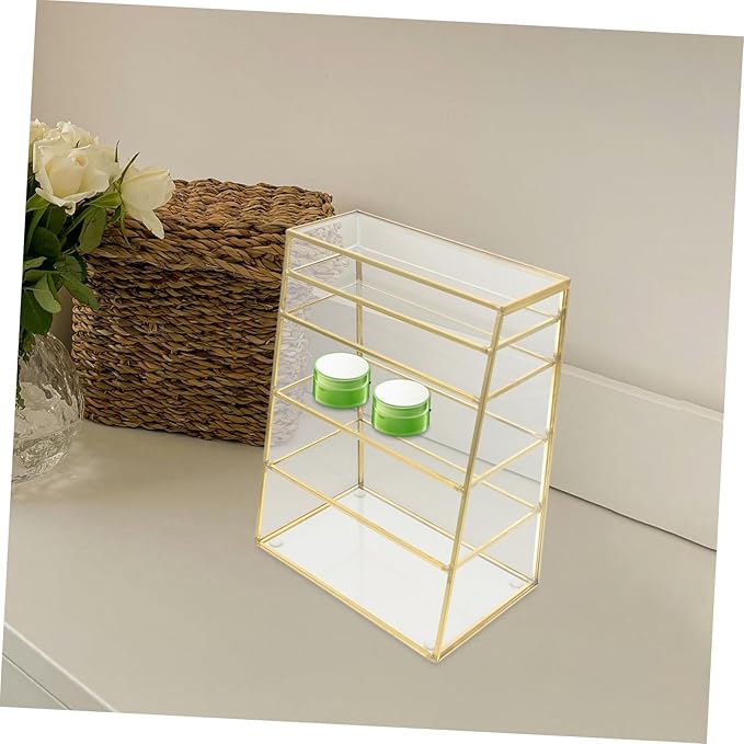 FOMIYES 1pc Multilayer Makeup Organizer Storage Rack Brass Glass Cosmetic Holder for Lipstick and Powder Stylish Desktop Makeup Display Storage for Home and Vanity