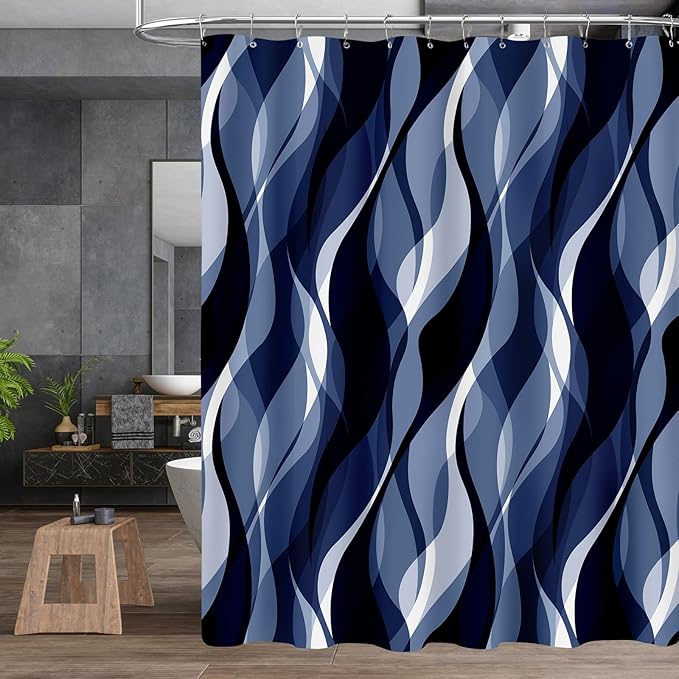 4PCS Navy Blue Bathroom Sets with Shower Curtain and Rugs, Abstract Striped Shower Curtain Sets with Rugs, Modern Luxury Bathroom Curtains Shower Set Accessories