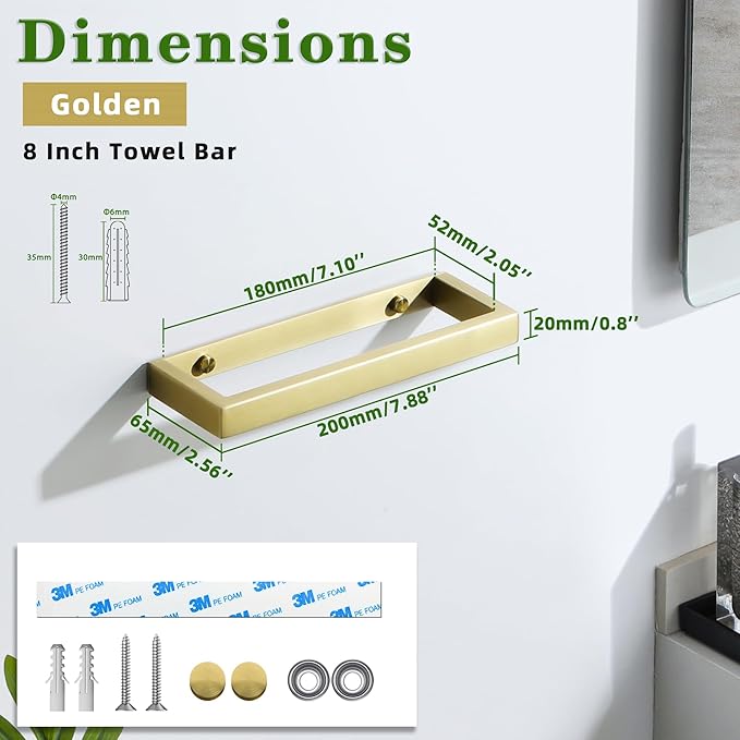 Alise Hand Towel Holder Towel Bar for Bathroom Wall Mounted,Gold Towel Rack for Bathroom Lavatory,8 Inch SUS304 Stainless Steel Towel Rail Towel Hanger for Walls
