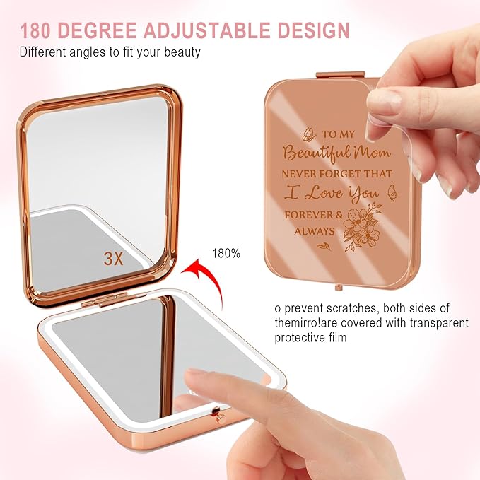 Mom Gifts from Daughter Son, Personalized Compact Mirror with Light, Sentimental Mothers Day Birthday Gifts for Mom, Unique Present for Mother Parents, 1X/3X Magnification LED Pocket Mirror