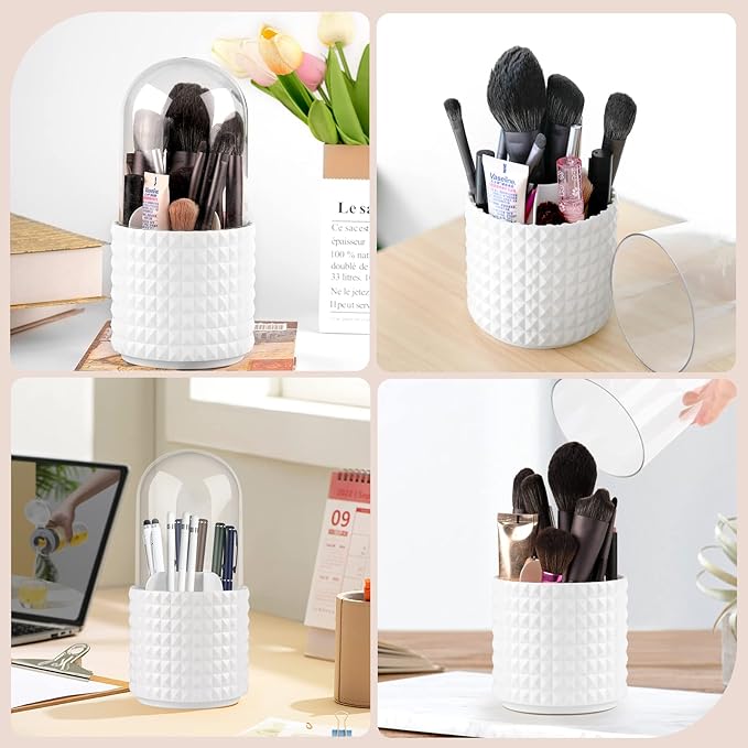 Makeup Brush Holder with Lid 360 Degree Rotating Makeup Storage Organizer Dustproof Cosmetics Organizer for Vanity and Bathroom Countertop