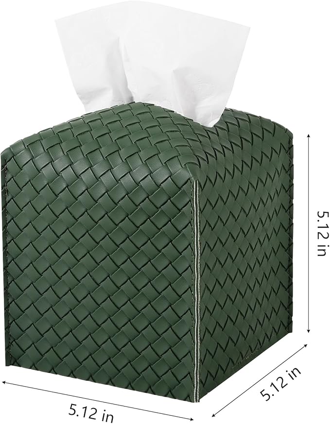 Tissue Box Cover PU Leather Tissue Holder Square Facial Tissue Case Facial Paper Organizer Dispenser for Bathroom, Vanity Countertop, Car, Dark Green
