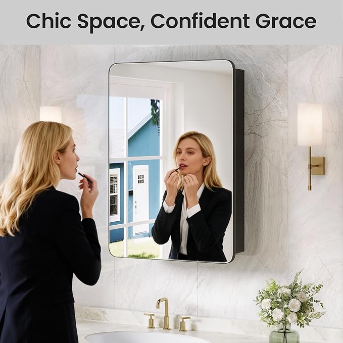 20x26 Inch Bathroom Medicine Cabinet with Mirror, Pre-Assembled Recessed or Surface Mount Wall Organizer, 6 Adjustable & Removable Tempered Glass Shelves, Soft Close DTC, Matte Black