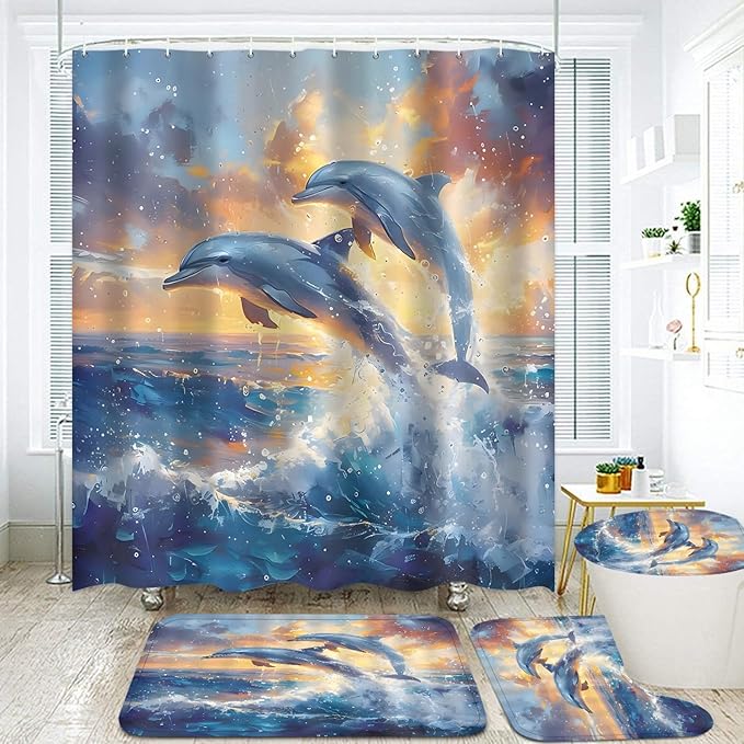 Yizheer 4Pcs Dolphin Shower Curtain Sets,Ocean Scenery Marine Life Sunset Theme Bathroom Curtain with Rugs, Toilet Lid Cover and Bath Mat