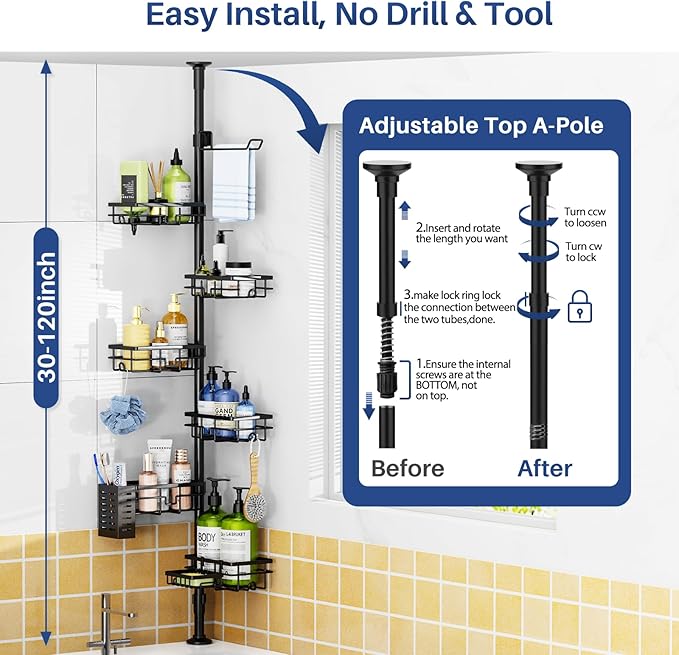 Corner Shower Caddy Organizer Tension Pole, Adjustable 6 Shower Shelves Corner Shelf 30-120Inch Rustproof Shower Rack for Inside Shower, Extra Towel Bar Soap Dish Bathroom Organizers and Storage Black
