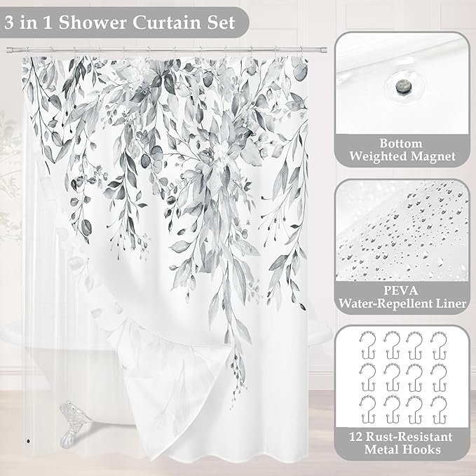 Gibelle Small Stall 3 in 1 Shower Curtain Set,Eucalyptus Bath Curtain with PEVA Liner Set and 12 Metal Hooks, Modern Waterproof Fabric Bathroom Curtain 36x72, Grey
