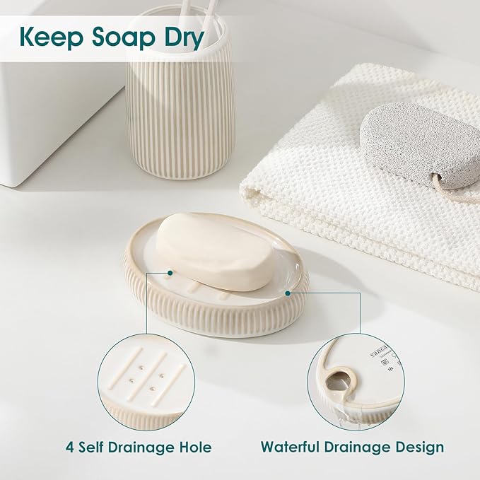 vancasso Ceramic Bathroom Accessories Set 4 Piece, Soap Dispenser with Stainless Steel Pump, Toothbrush Holder, Tumbler and Soap Dish, Modern Relief Design, Bathroom Decor Organizer, Beige-White