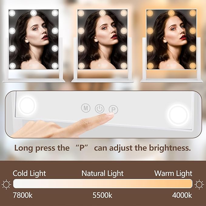 Lighted Makeup Mirror, Hollywood Vanity Mirror with 9 LED Bulbs, 3 Color Lights, and Detachable 10X Magnification Mirror, 1200mAh Rechargeable, Touch Control, 360°Rotation, White 14.05" * 12"