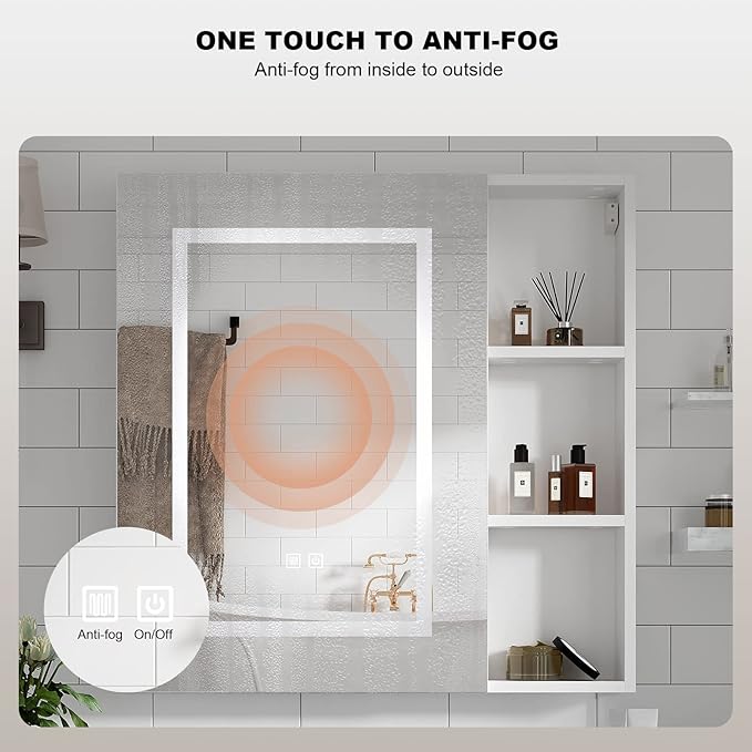 Led Medicine Cabinets with Storage,Wall Mounted Medicine Cabinet with Defogger,Bathroom Mirror Cabinet with 3 Light Adjustable Illuminated Medicine Cabinet Wall Mounted with US Plug 28X28Inch