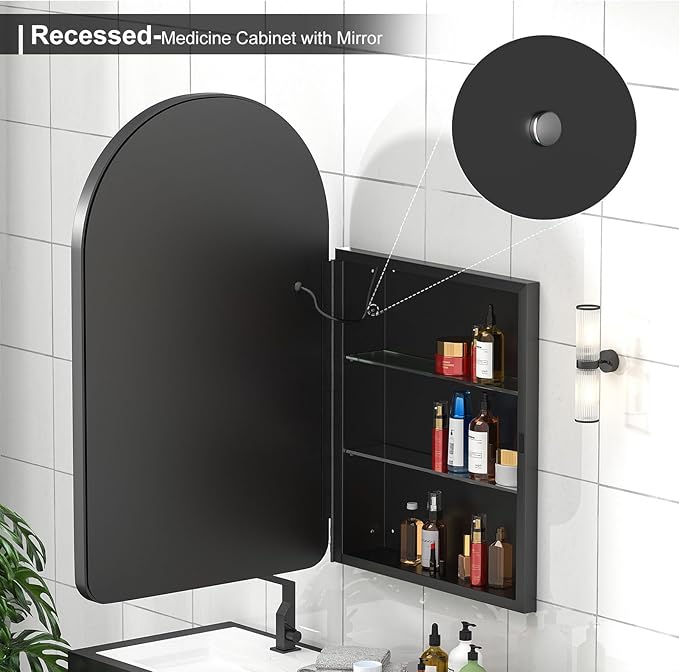 20x31 Inch Arched Medicine Cabinet with LED Mirror - Black Recessed Bathroom Storage, Dimmable Anti-Fog Lighted Mirror Cabinet, Black Arched Medicine Cabinet,Adjustable Shelves