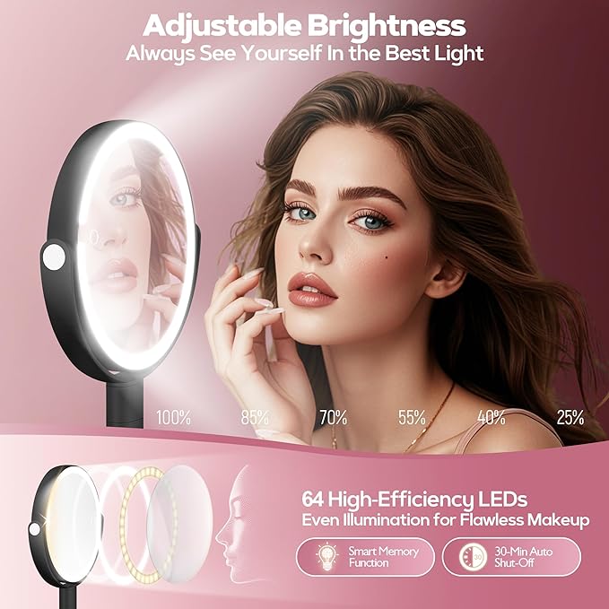 MOMOKUBA Makeup Mirror with Lights, 30X Magnifying & Height Adjustable, Lighted Magnifying Mirror with 3 Light Modes and Stepless Dimming, Vanity Mirrors for Bathroom, Birthday Gift for Women, Black