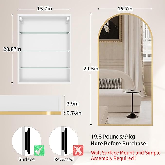 FKWin Arched Medicine Cabinets with Mirror, Bathroom Mirror with Storage, Aluminum Alloy Bathroom Cabinet, Modern Bathroom Wall Cabinet with 3 Adjustable Shelves, Not Recessed, 29.5"x15.7", Gold