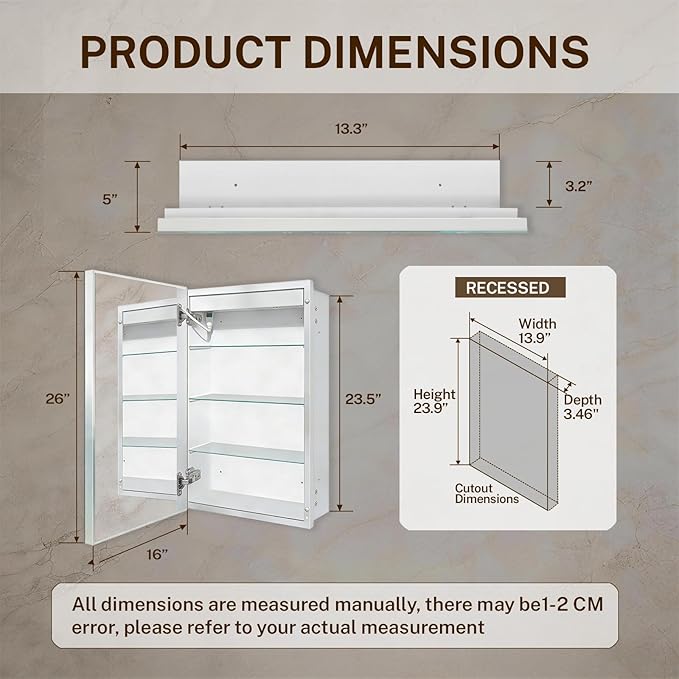 16x26 Inch Lighted Medicine Cabinet with Anti-Fog Mirror, 3 Glass Shelves, Dimmable LED, Recessed or Surface Mount Bathroom Smart Mirror Cabinet