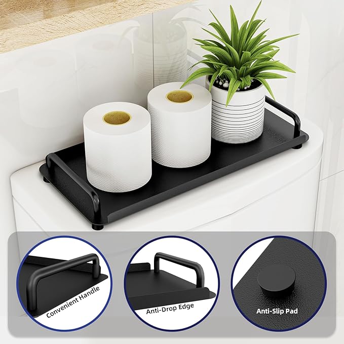 Gypie 2 Pack Toilet Paper Storage, Toilet Tank Tray with Handle, Toilet Paper Basket for Bathroom, Toilet Tank, Kitchen (Black)